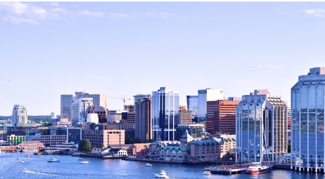 Halifax waterfront and downtown skyline overlooking the harbour in Nova Scotia, Canada.