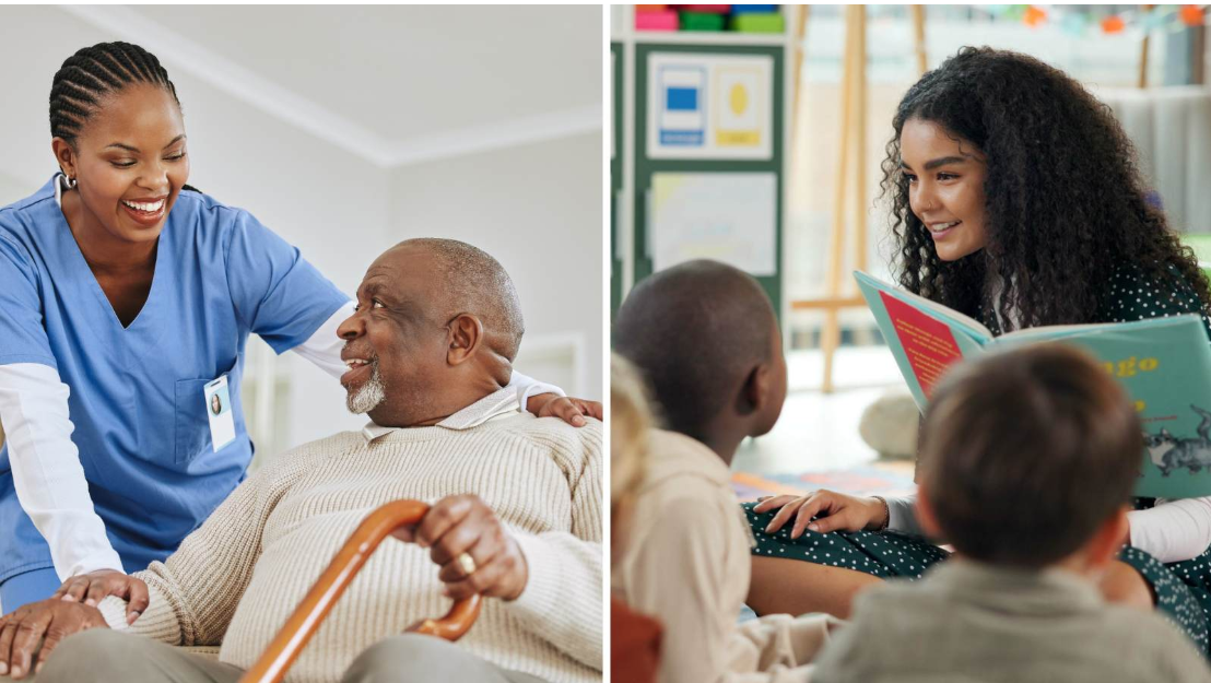 Healthcare worker supporting an older adult and an early childhood educator reading to young children.