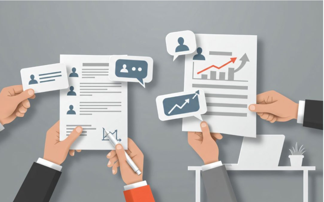 Illustration of recruiters reviewing candidate profiles, resumes, communication notes, and performance information.
