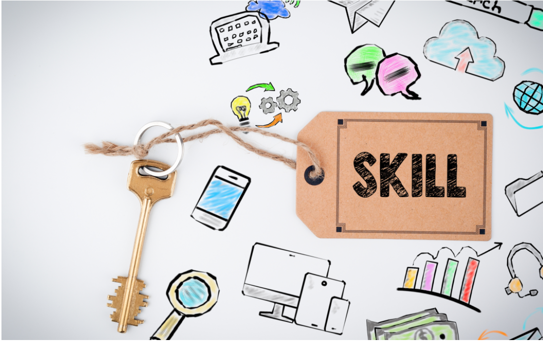 Key labelled “Skill” surrounded by icons representing communication, technology, creativity, research, and career development.