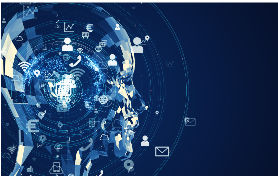 Digital illustration of artificial intelligence with recruitment, communication, data, and networking icons.